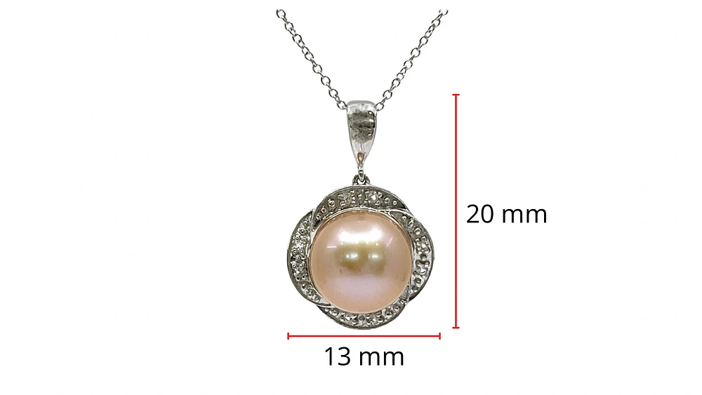 10K White Gold Pink Fresh Water Pearl and White Topaz Pendant, 18"