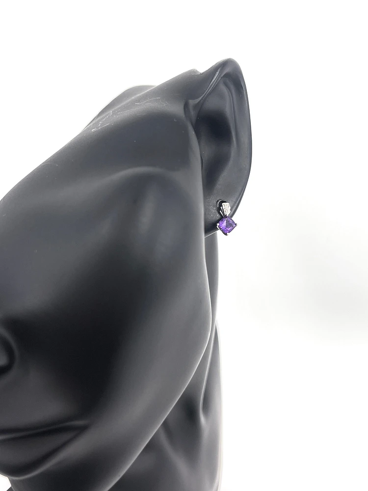 10K White Gold 1.00cttw Genuine Amethyst & 0.02cttw Diamond Earrings
