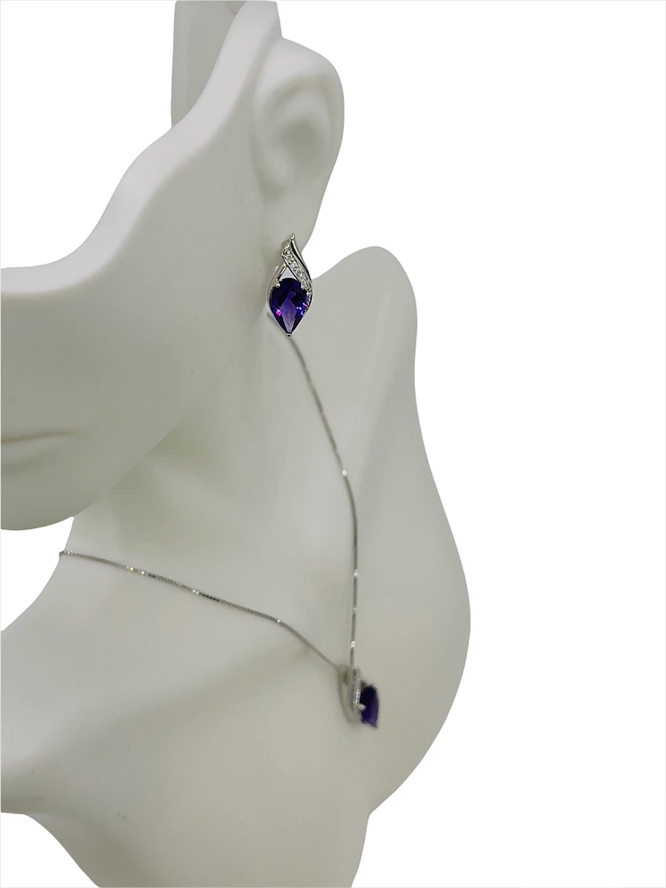 10K White Gold 10 x 6mm Genuine Amethyst and 0.07cttw Diamond Earrings