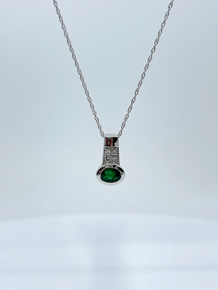10K White Gold Genuine Emerald and Diamond Pendant, 18"