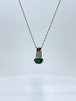 10K White Gold Genuine Emerald and Diamond Pendant, 18"