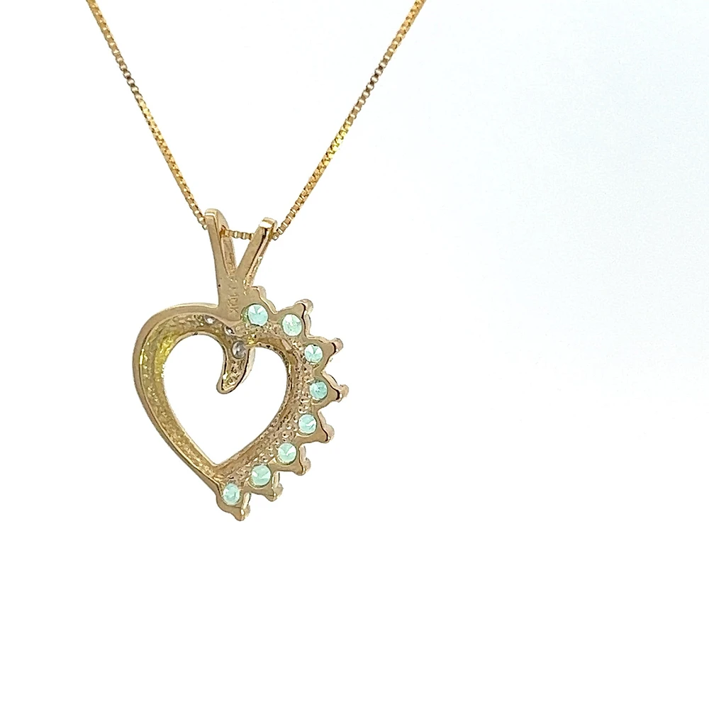 10K Yellow Gold 0.03 cttw Diamond and Emerald Heart Pendant, 18"