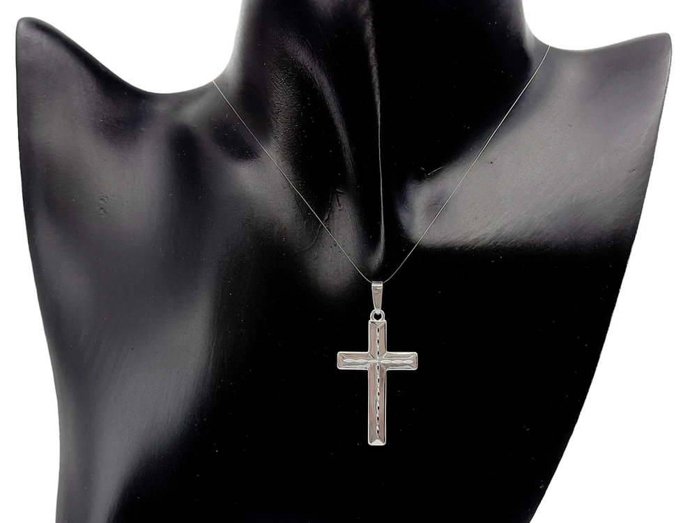 925 Sterling Silver High Polish Dash Design Cross Pendant - 40mm x 20mm