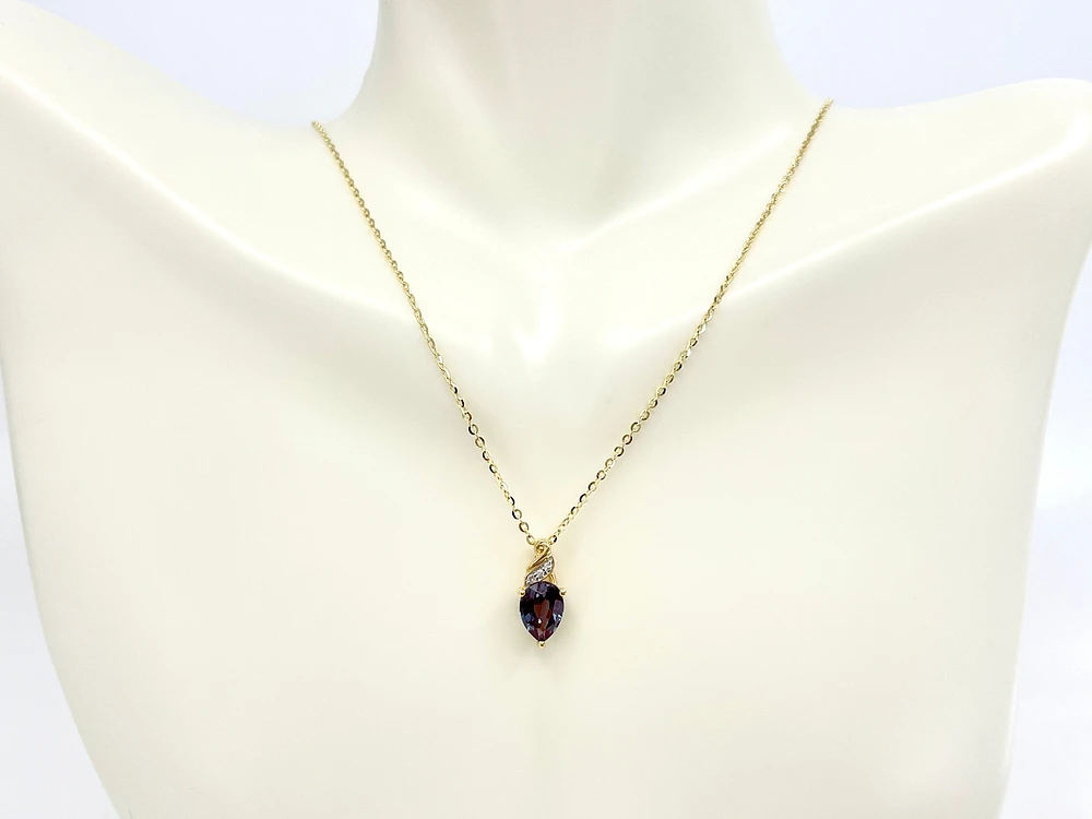 10K Yellow Gold 8x6mm Pear Cut Created Alexandrite and 0.01cttw Diamond Pendant, 18"