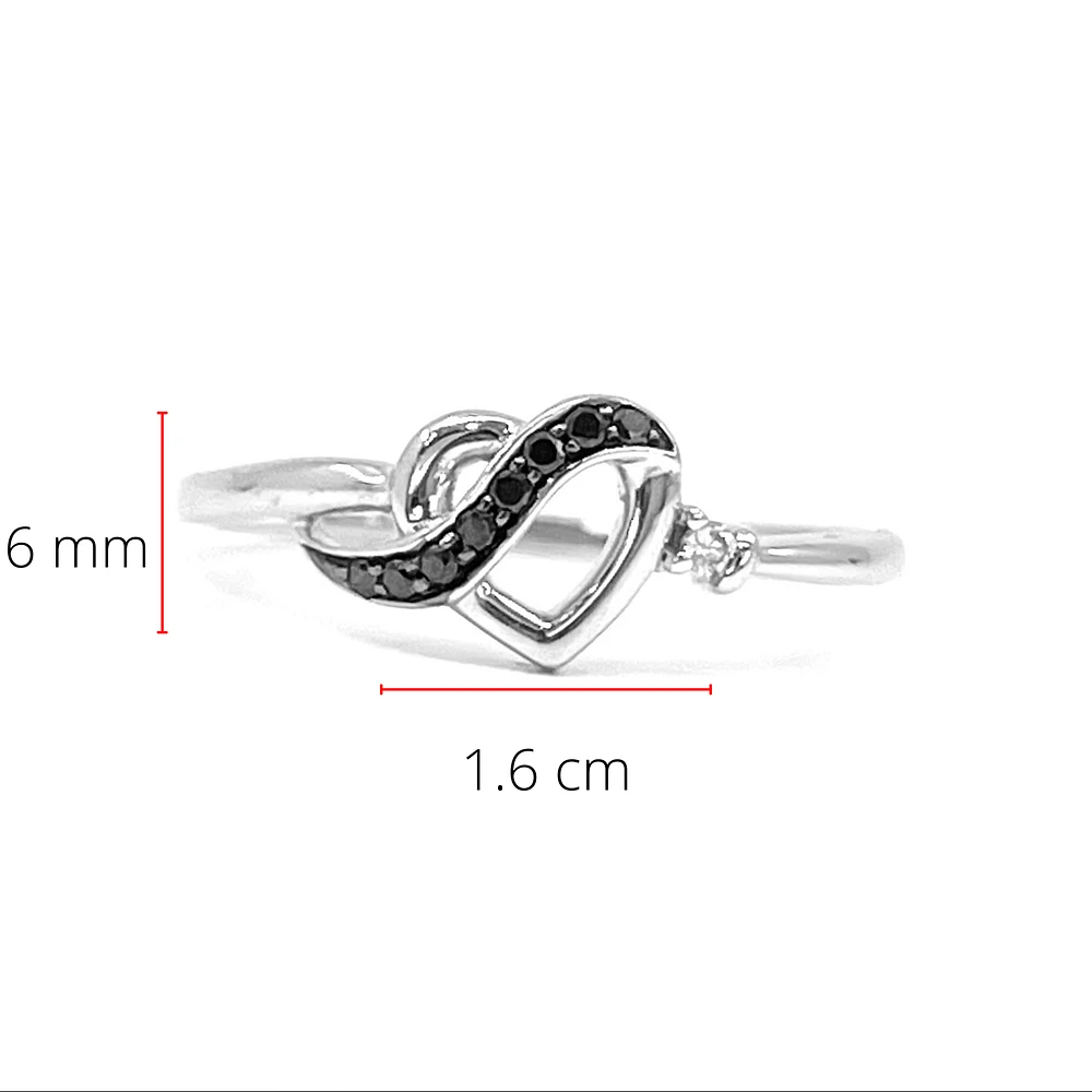 10K White Gold 0.04cttw Treated Black Diamond and 0.04cttw White Diamond Heart Ring, Size 6.5