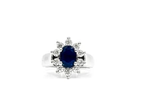 14K White Gold 1.40cttw Genuine Blue Sapphire and 0.50cttw Diamond Halo Ring, size 6