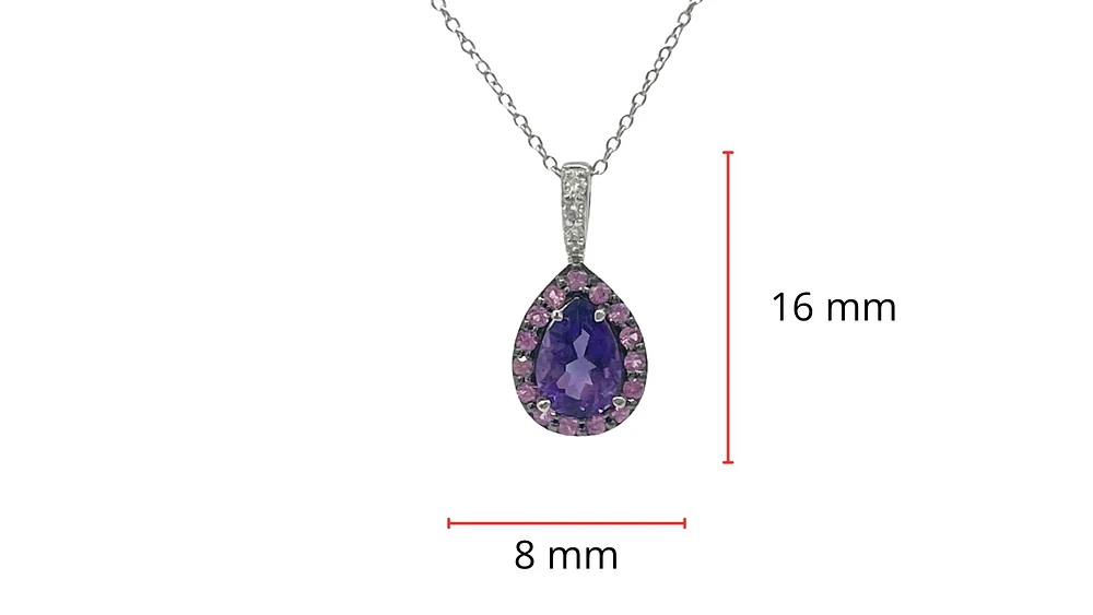 10K White Gold Amethyst, Pink Sapphire & Diamond Pendant, 18"