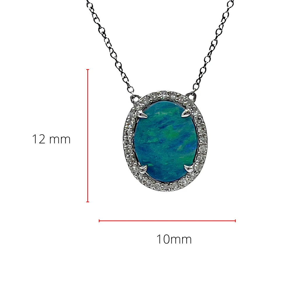 10K White Gold Custom Made Australian Opal Doublet and Diamond Pendant, 18"