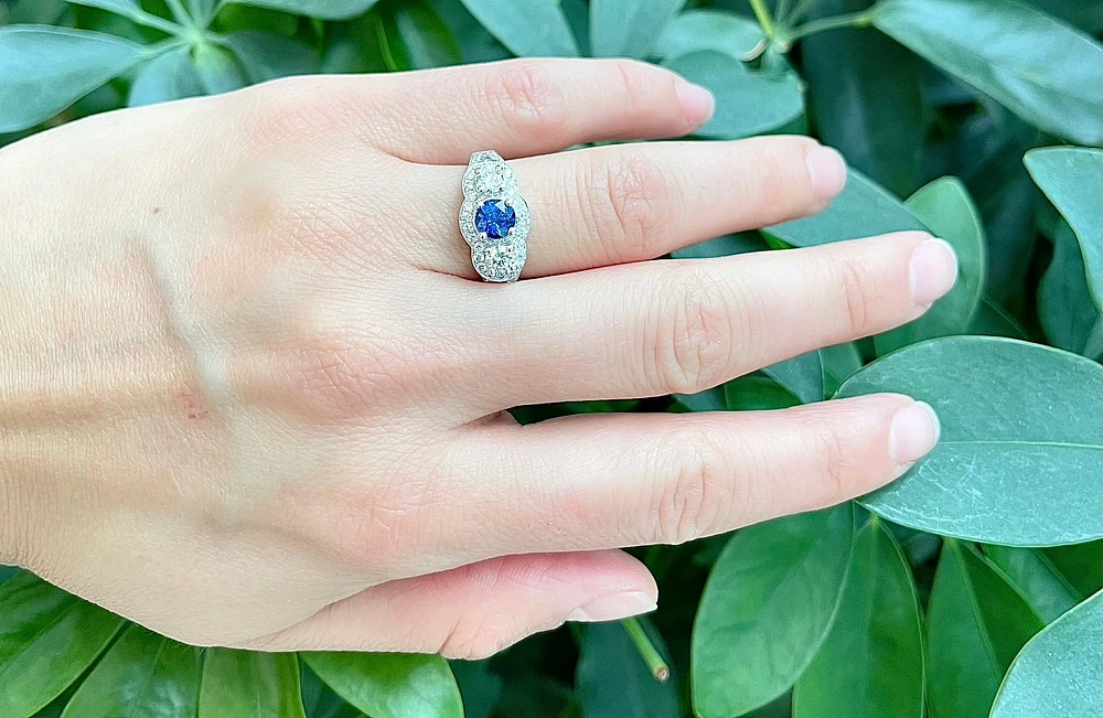 14K White Gold 1.00cttw Genuine Blue Sapphire and 0.94cttw Diamond Ring, size 6.5
