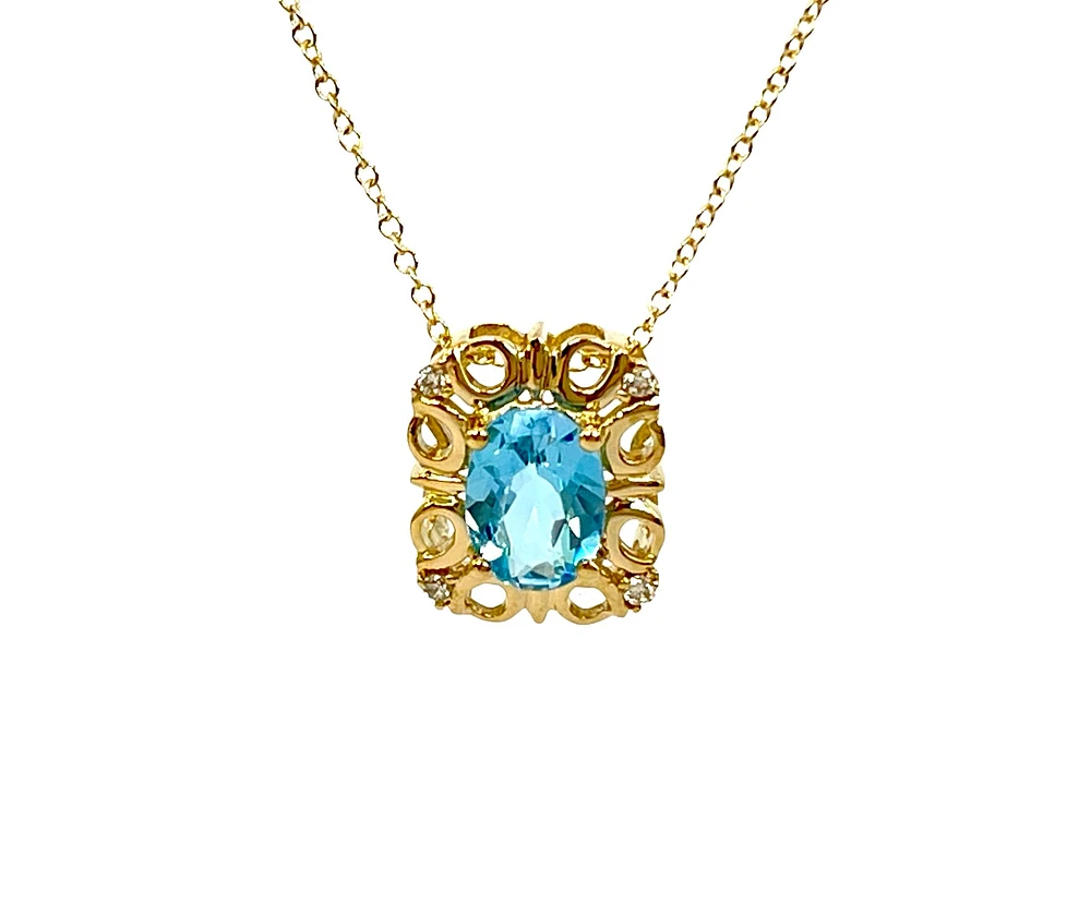 10K Yellow Gold 7x5mm Oval Cut Swiss Blue Topaz and 0.03cttw Diamond Necklace - 18 Inches