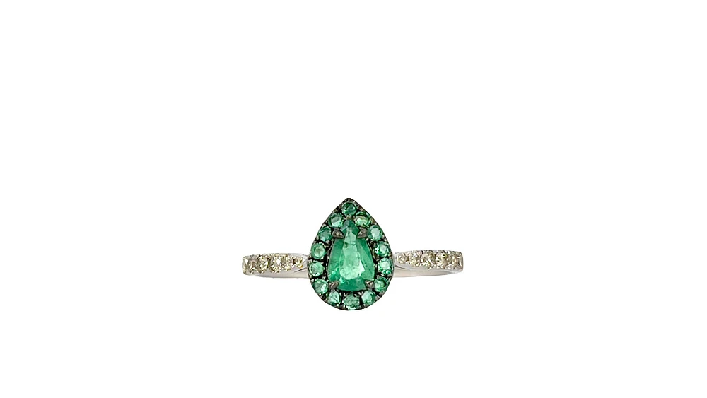 10K White Gold 0.45cttw Pear Cut Emerald and 0.18cttw Diamond Halo Ring - Size 6.5