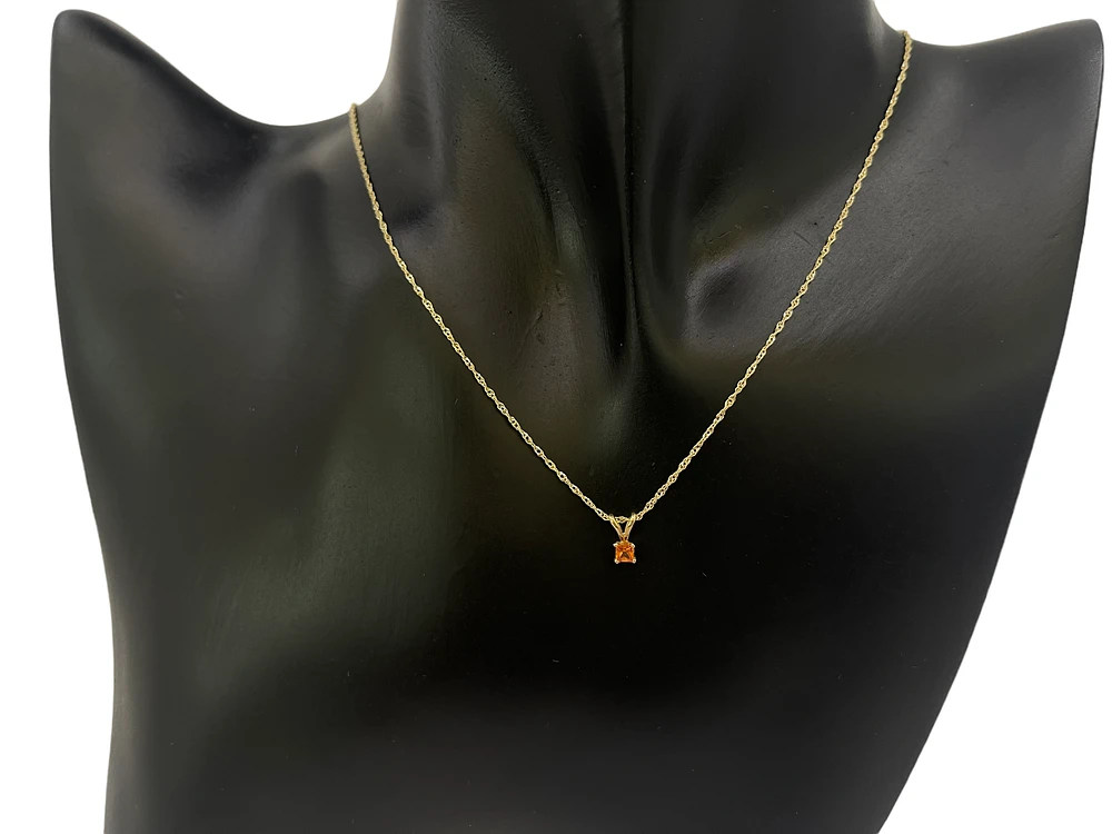 10K and 14K Yellow Gold Princess Cut Orange Sapphire Pendant, 18"