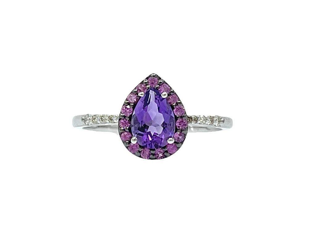 10K White Gold 0.65 carat Amethyst, Pink Sapphire and Diamond Ring