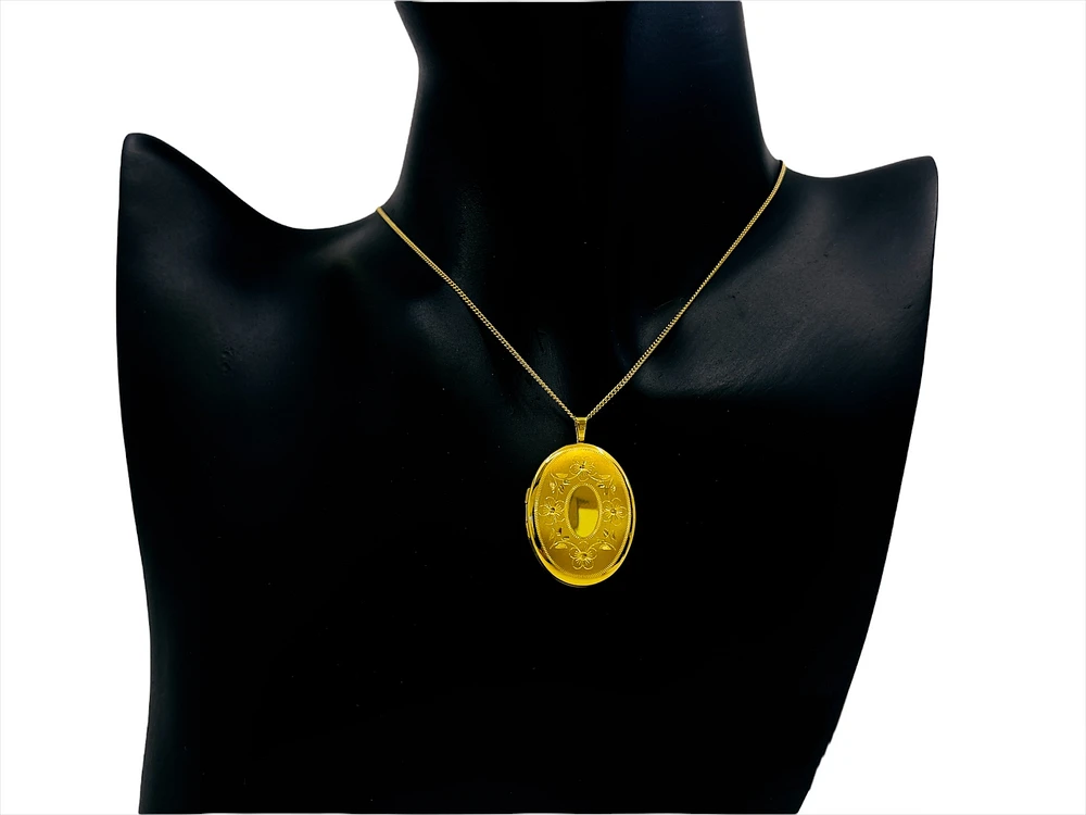 Gold Plated on 925 Sterling Silver Oval Shaped Locket with Etched FLoral Design - 26mm x 21mm