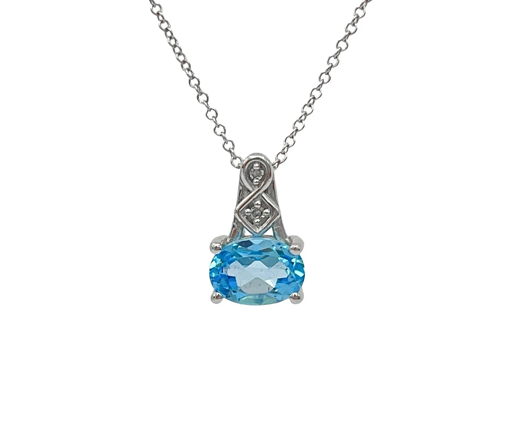 10K White Gold Blue Topaz and Diamond Pendant, 18"