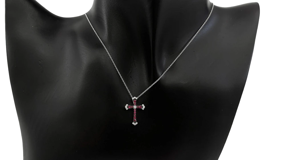 10K White Gold 0.18cttw Ruby and 0.07cttw Diamond Cross Pendant - 18 inches