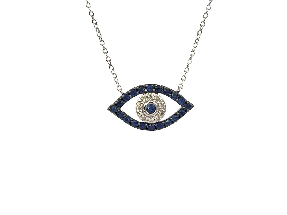 10K White Gold Sapphire & Diamond Evil Eye Pendant, 18"