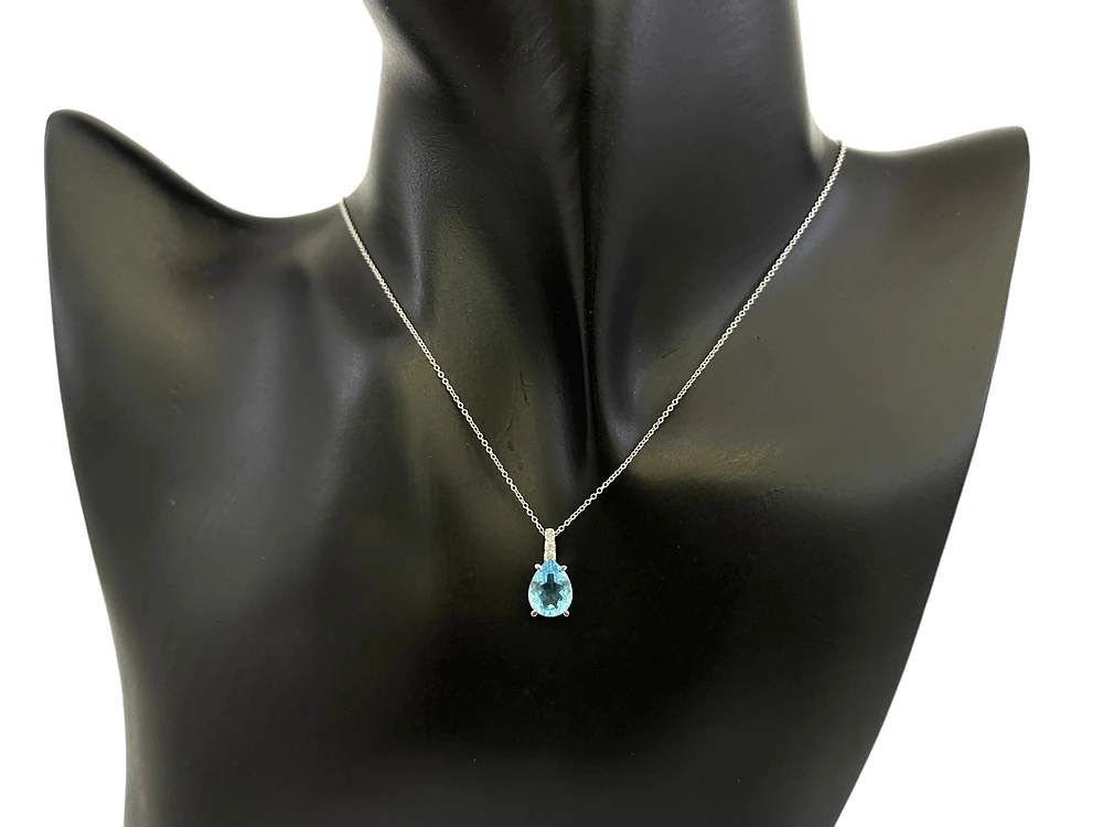 10K White Gold 9x7mm Pear Cut Swiss Blue Topaz and 0.059cttw Diamond Necklace - 18 Inches