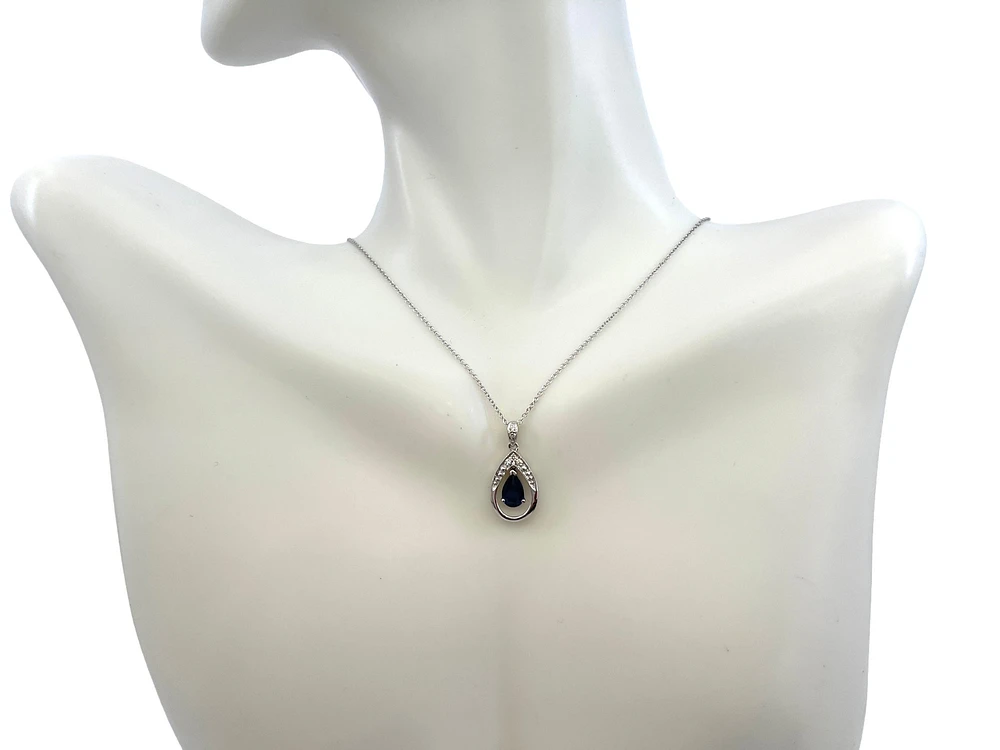 10K White Gold Sapphire and Diamond Pendant, 18"
