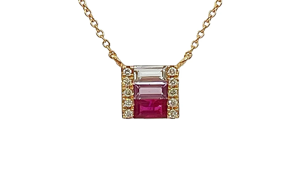 14K Yellow Gold Ruby, Pink Sapphire, White Topaz and Diamond Necklace, 18"