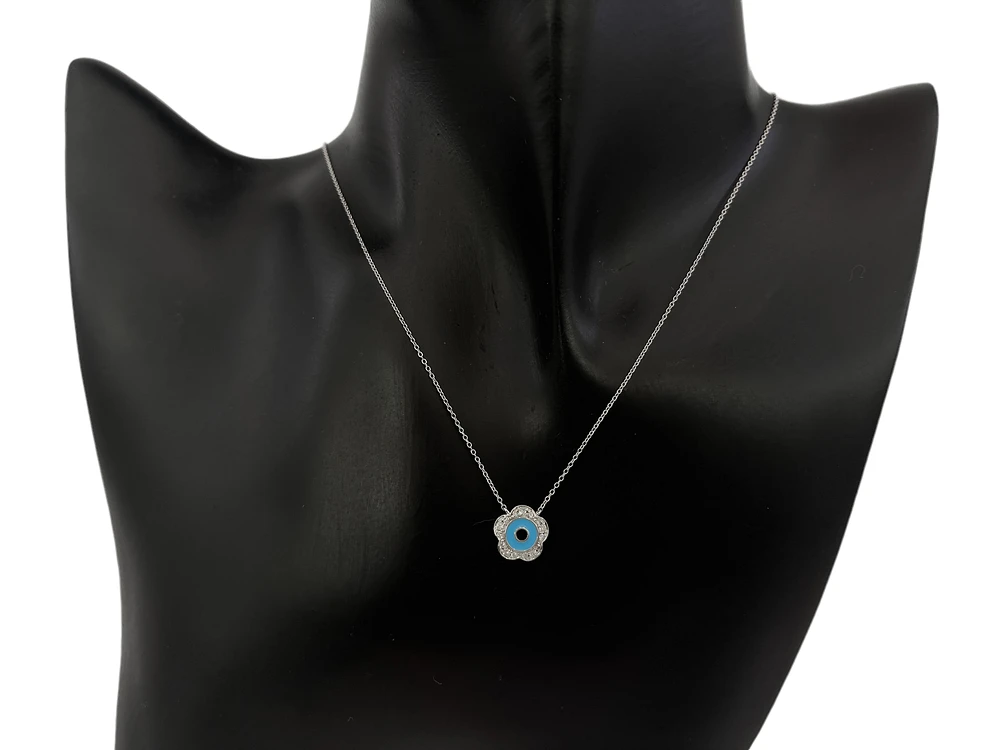 10K White Gold Blue Enamel and Diamond Necklace, 18"