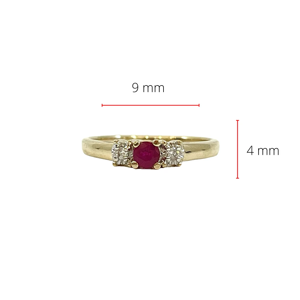 10K Yellow Gold Ruby and Diamond 3 Stone Ring - Size 6