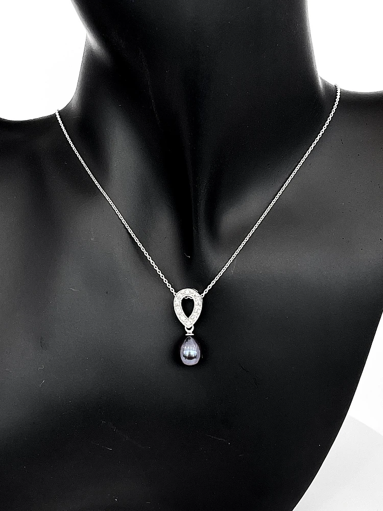Silver Fresh Water Black Pearl & Cubic Zirconia Necklace 18"