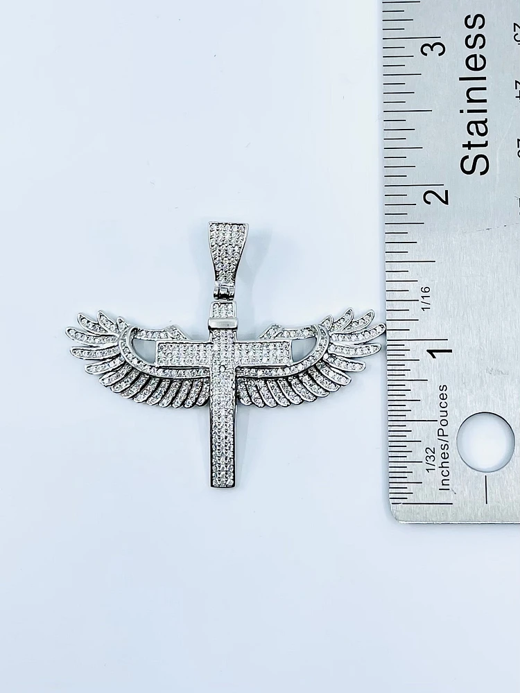 Angel Wings Cross Sterling Silver Charm w /CZ