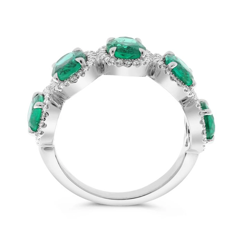 14K White Gold 1.03cttw Oval Cut Emeralds and 0.23cttw Diamond Ring - Size 7