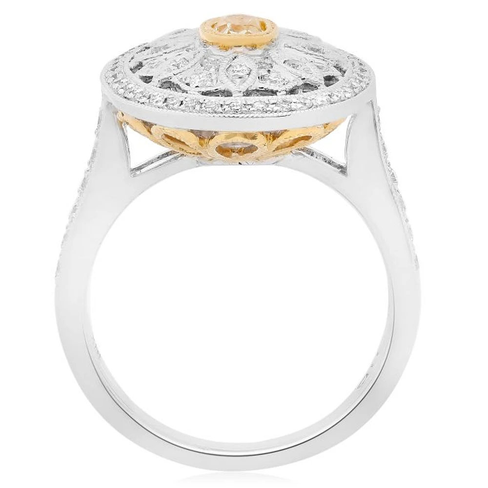 18K 2 Tone Gold Oval Cut Natural Fancy Yellow and White Diamond Antique Cluster Ring
