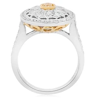 18K 2 Tone Gold Oval Cut Natural Fancy Yellow and White Diamond Antique Cluster Ring