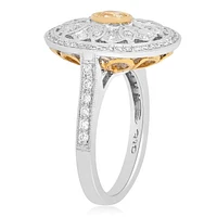 18K 2 Tone Gold Oval Cut Natural Fancy Yellow and White Diamond Antique Cluster Ring
