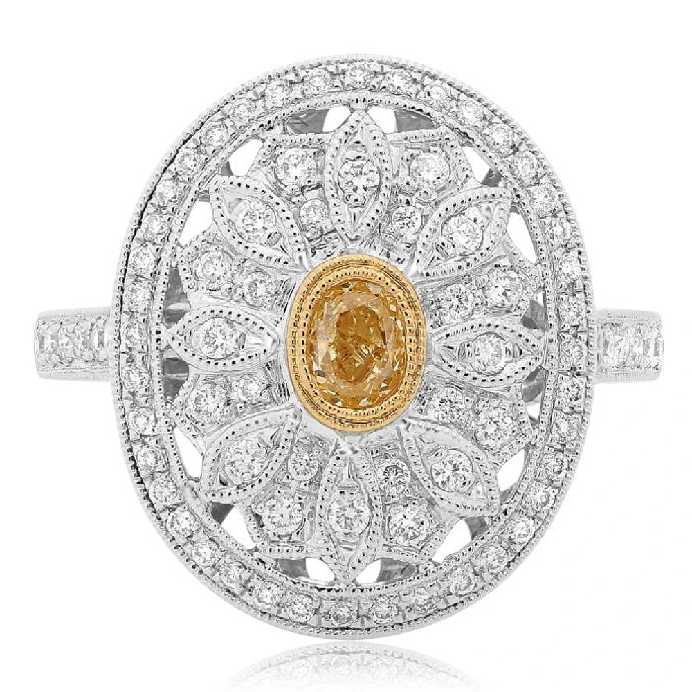 18K 2 Tone Gold Oval Cut Natural Fancy Yellow and White Diamond Antique Cluster Ring