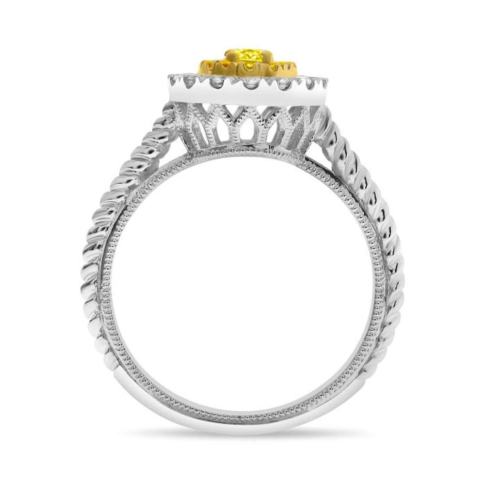 18K 2 Tone Gold Oval Cut Natural Fancy Yellow and White Diamond Braided Shank Cluster Ring