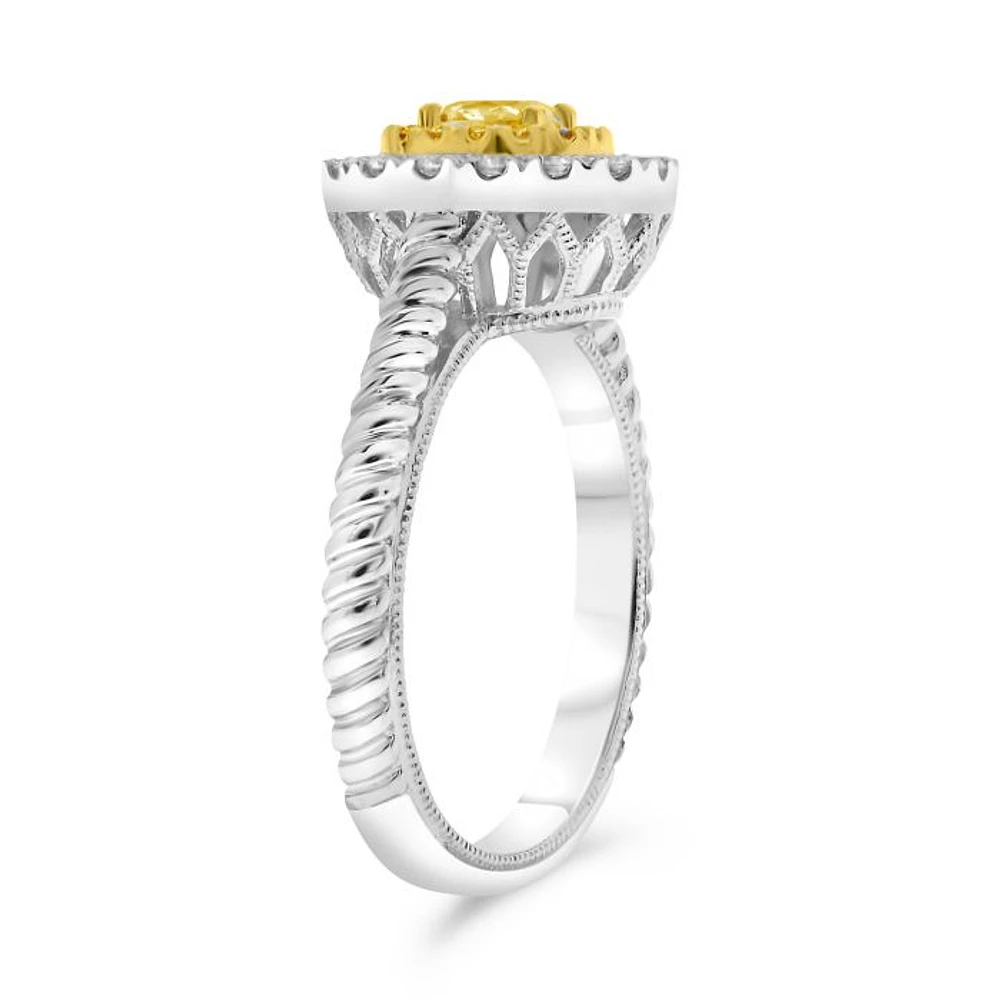 18K 2 Tone Gold Oval Cut Natural Fancy Yellow and White Diamond Braided Shank Cluster Ring