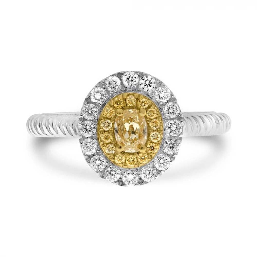 18K 2 Tone Gold Oval Cut Natural Fancy Yellow and White Diamond Braided Shank Cluster Ring