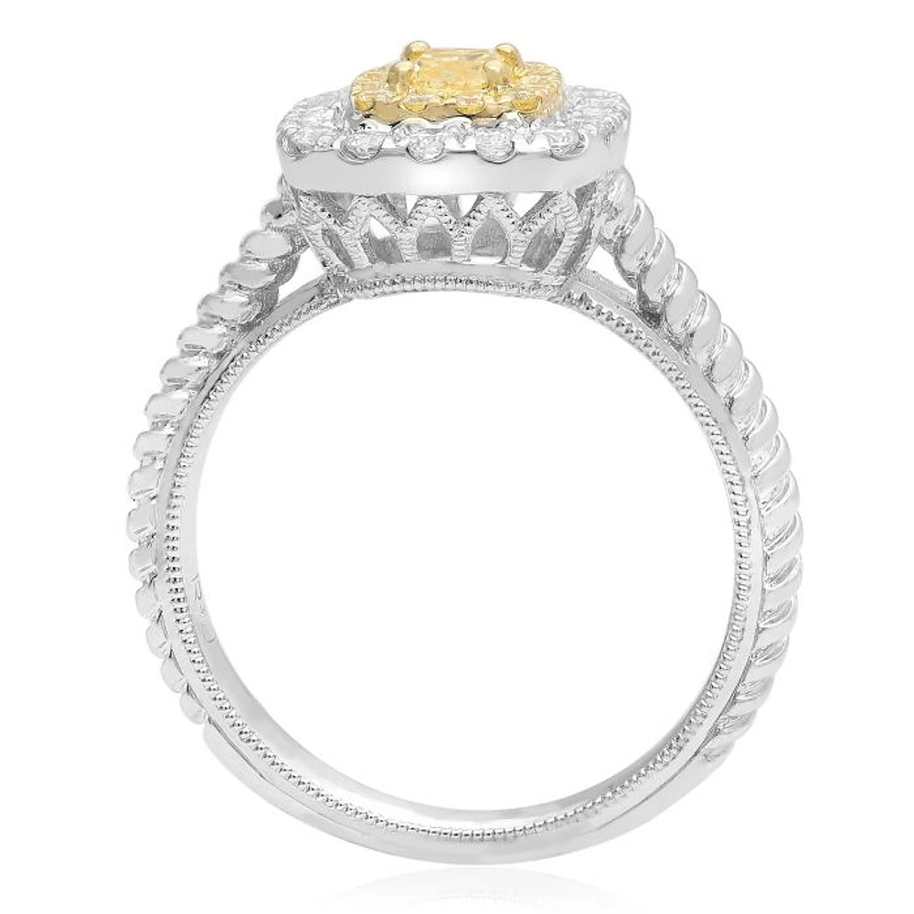 18K 2 Tone Gold Cushion Cut Natural Fancy Yellow and White Diamond Braided Shank Cluster Ring - 4.5