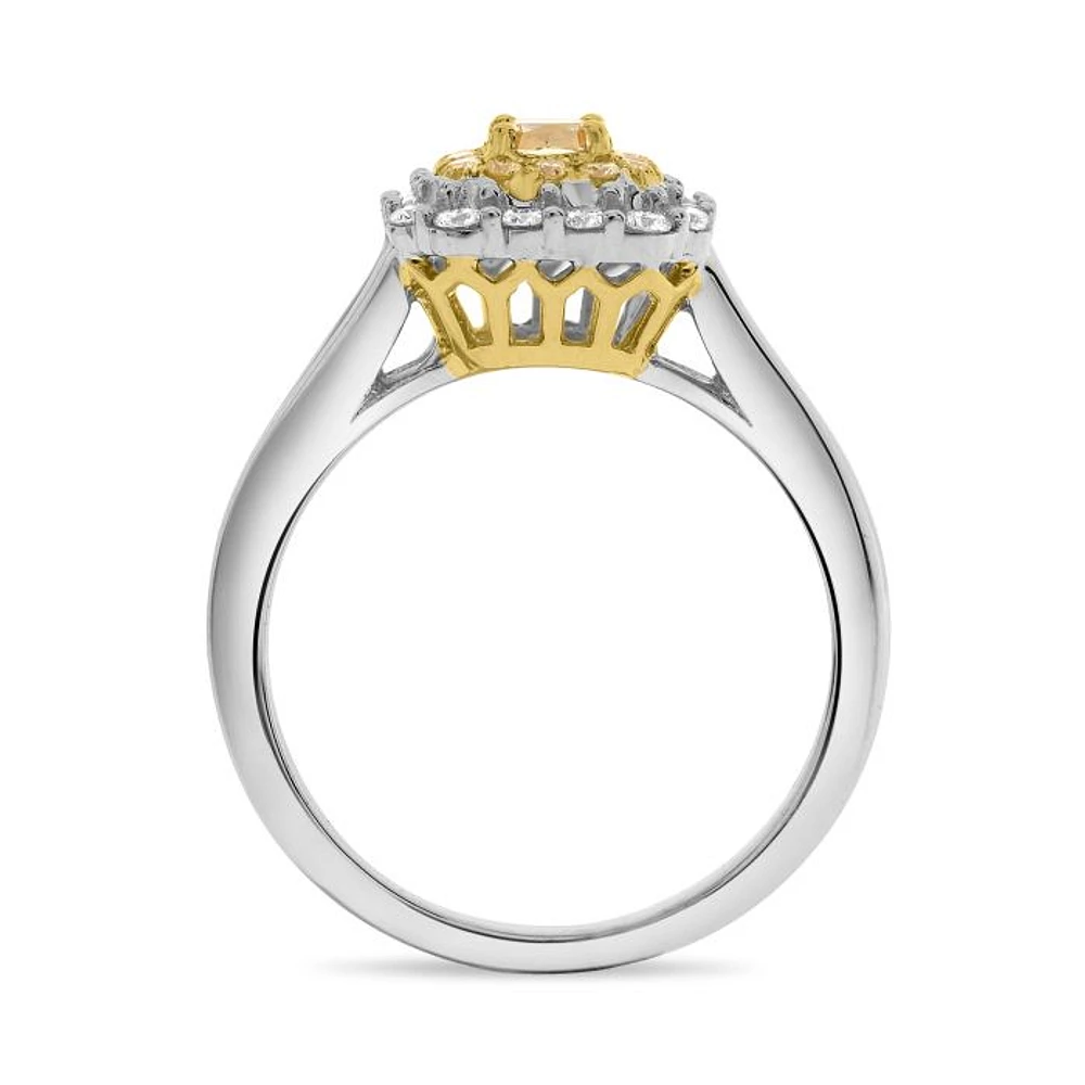 18K 2 Tone Gold Cushion Cut Natural Fancy Yellow and White Diamond Cathedral Set Double Halo Ring