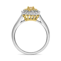 18K 2 Tone Gold Cushion Cut Natural Fancy Yellow and White Diamond Cathedral Set Double Halo Ring