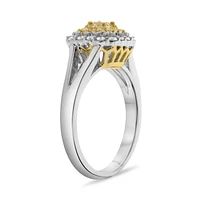 18K 2 Tone Gold Cushion Cut Natural Fancy Yellow and White Diamond Cathedral Set Double Halo Ring