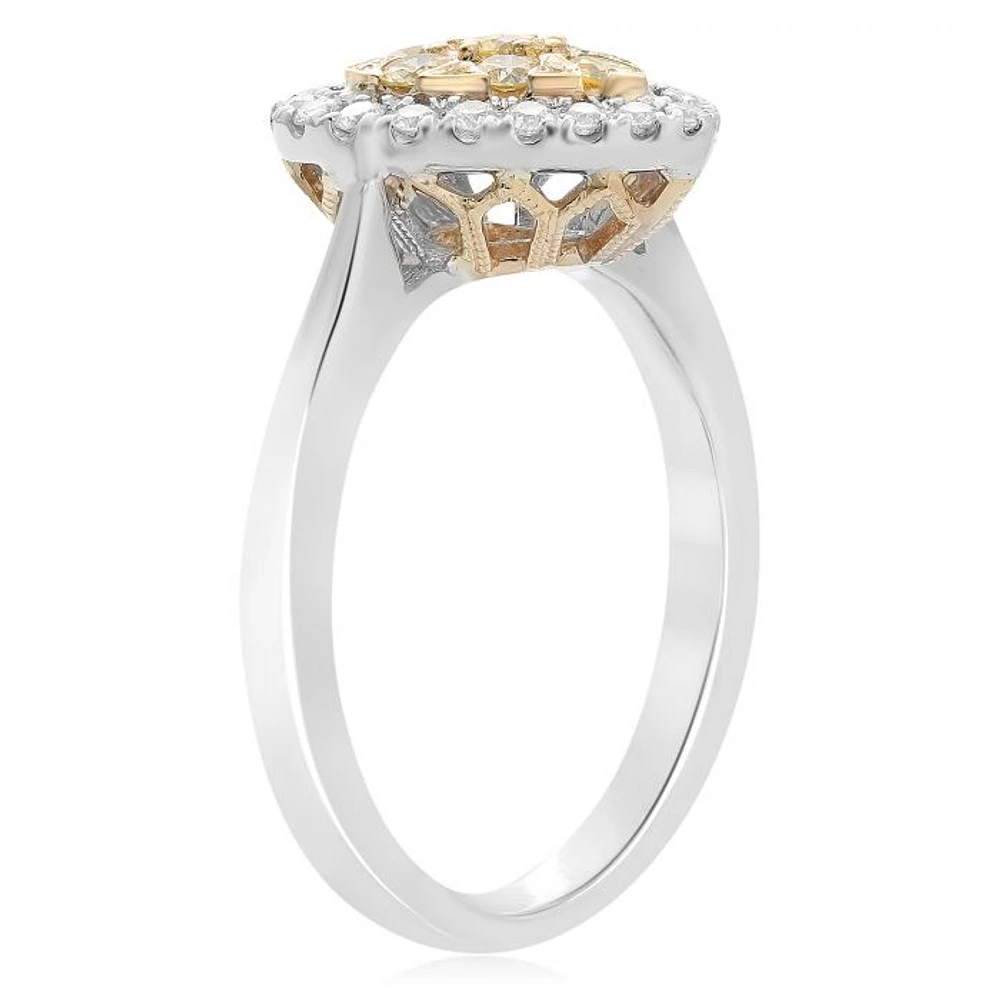 18K 2 Tone Gold Heart-shaped Natural Fancy Yellow and White Diamond Cluster Ring