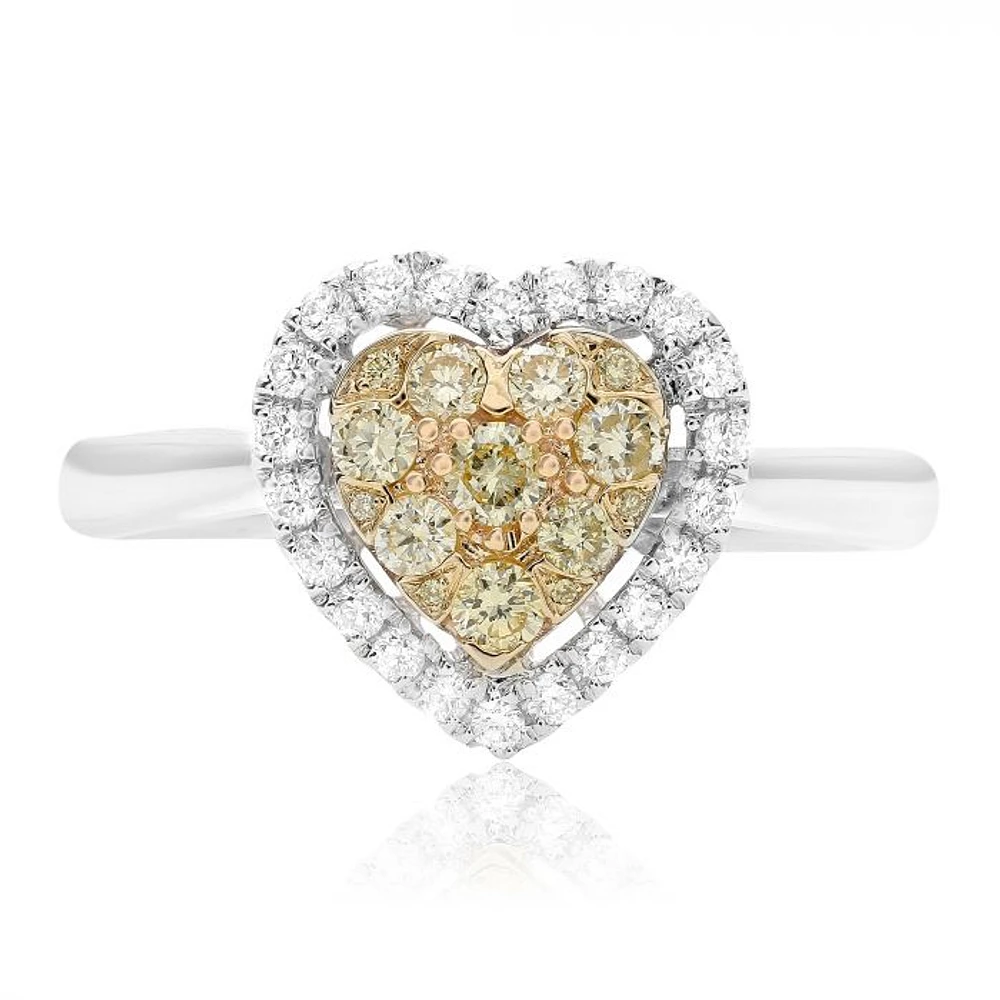 18K 2 Tone Gold Heart-shaped Natural Fancy Yellow and White Diamond Cluster Ring