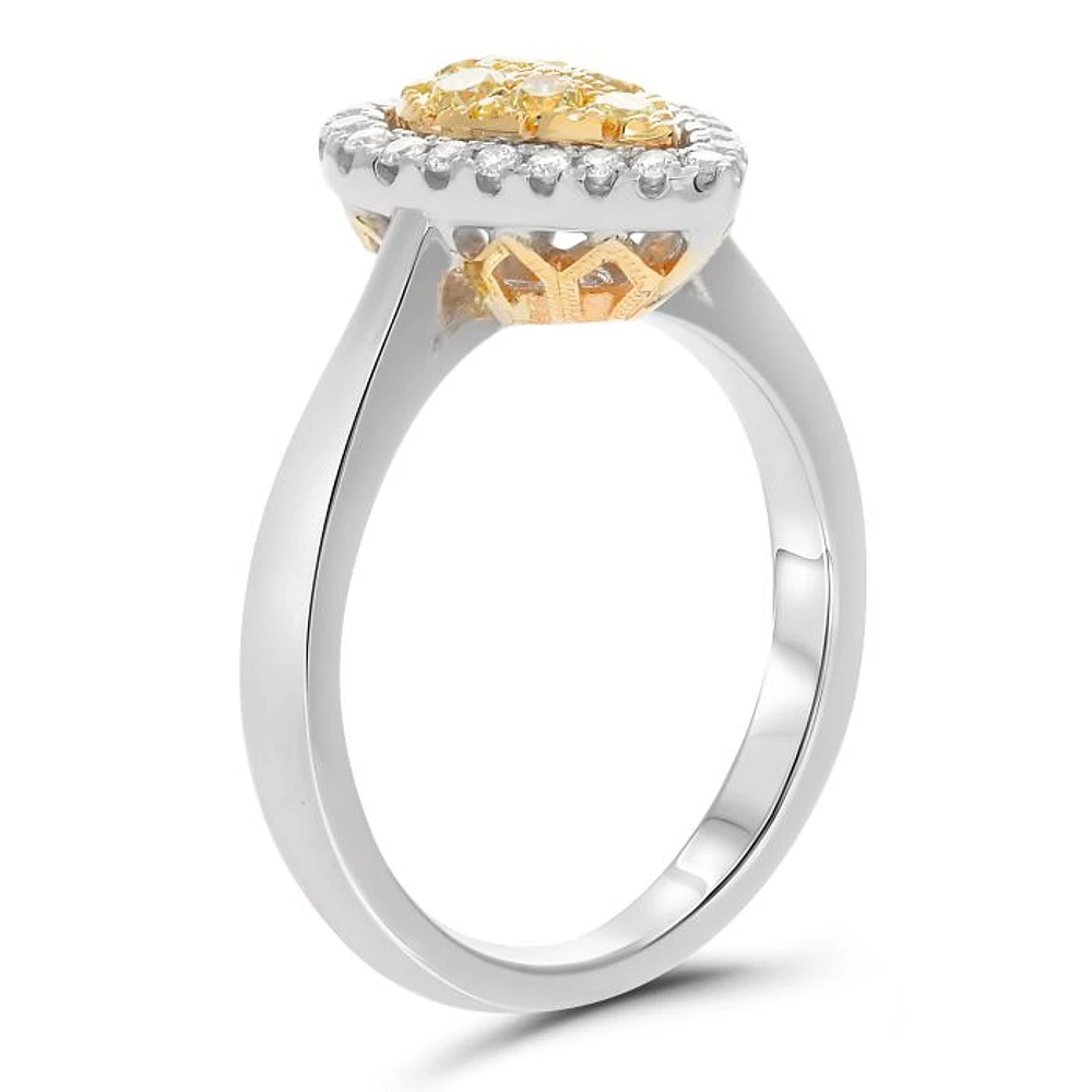 18K 2 Tone Gold Pear-shaped Natural Fancy Yellow and White Diamond Cluster Ring - 4.5