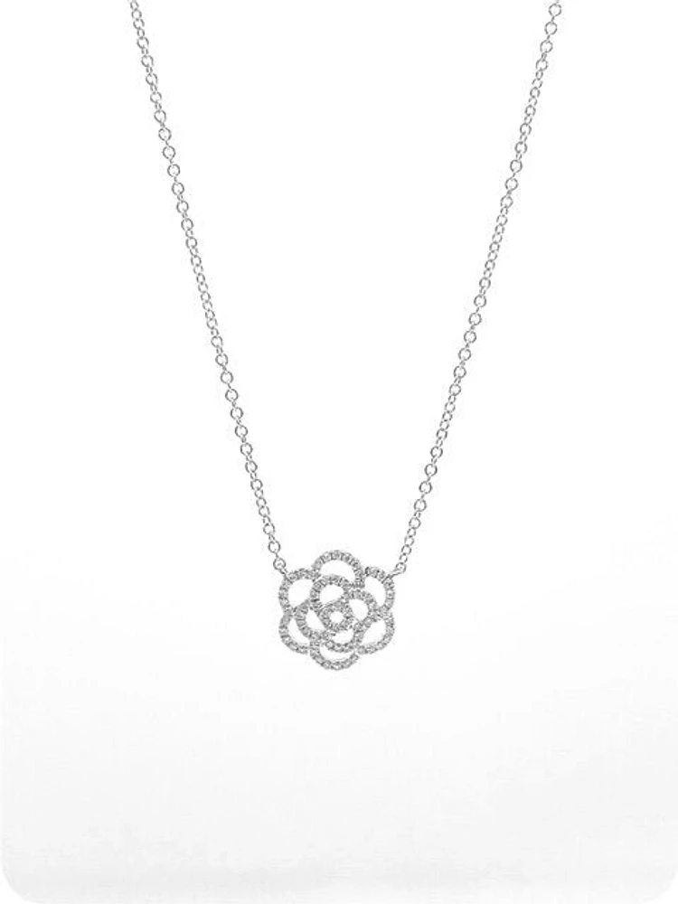 14K White Gold 0.14cttw Floral Diamond Necklace - 18 inches