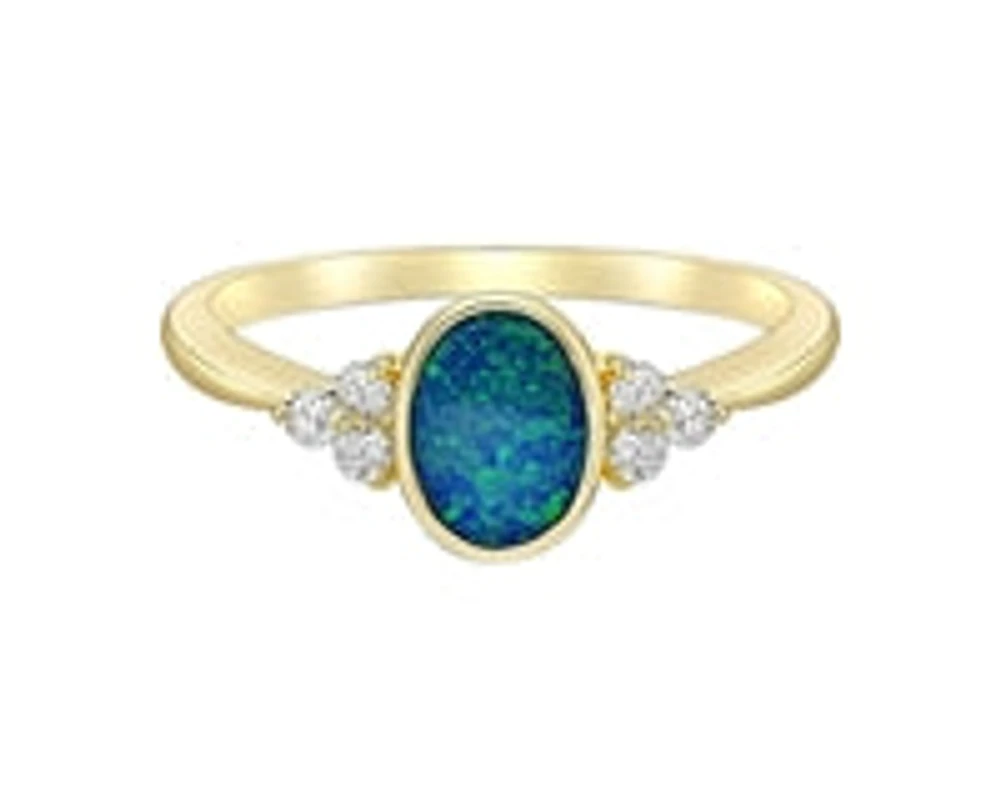 10K Yellow Gold 0.75cttw Genuine Australian Doublet Opal and 0.13cttw Diamond Ring, size 7