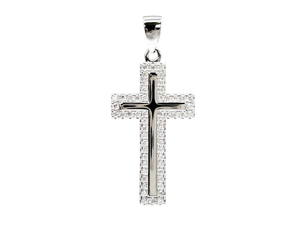 925 Sterling Silver Cubic Zirconia 28mm x 15mm Crested Cross Charm