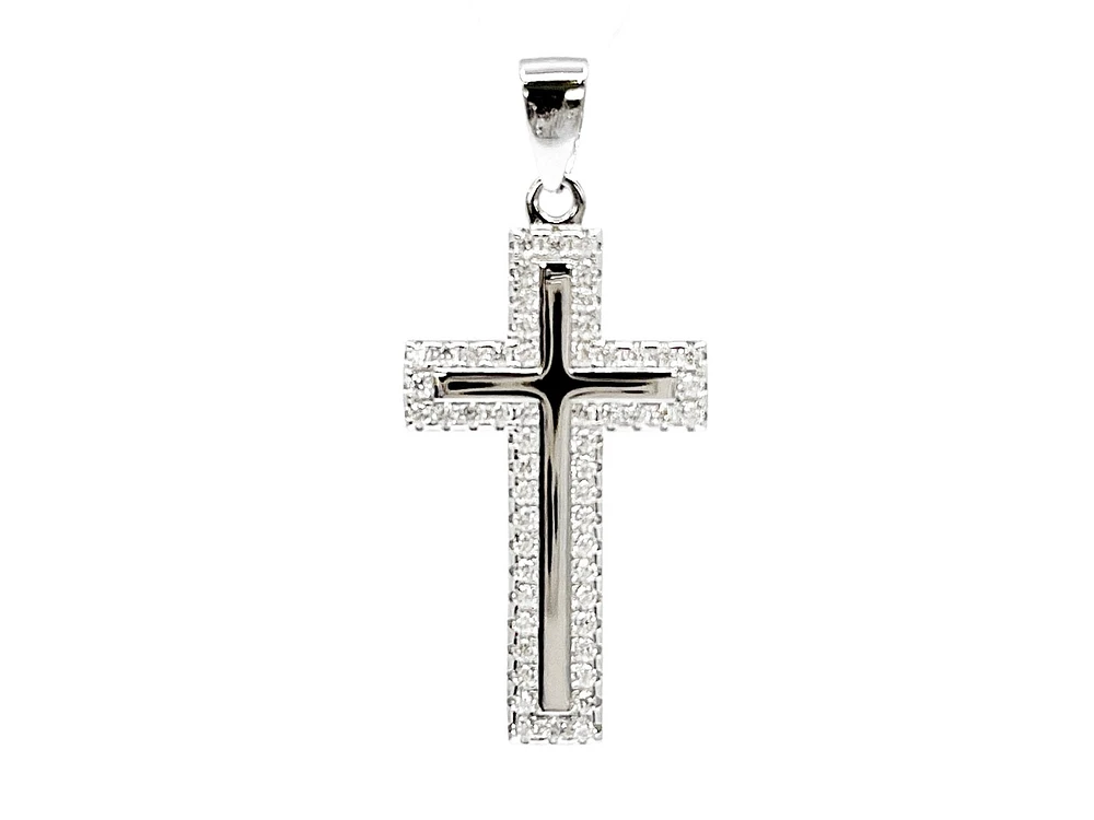 TRACKING - 925 Sterling Silver Cubic Zirconia 28mm x 15mm Crested Cross Charm
