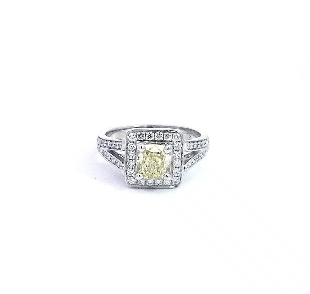 14K White Gold 1.52cttw Fancy Natural Yellow Diamond Halo Engagement Ring, 6.5