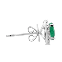 18K White Gold  Oval Cut Emerald and Diamond Halo Stud Earrings