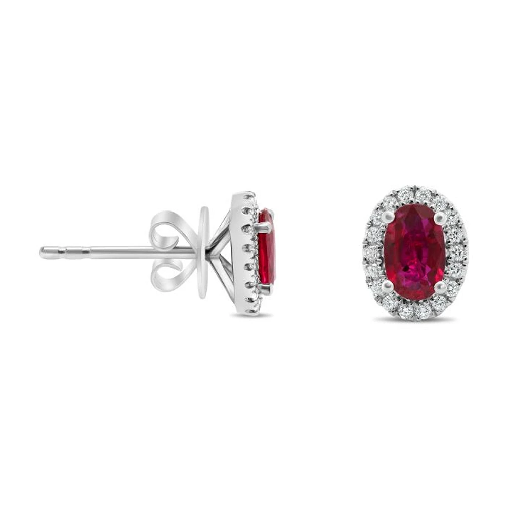 18K White Gold Ruby and Diamond Halo Stud Earrings